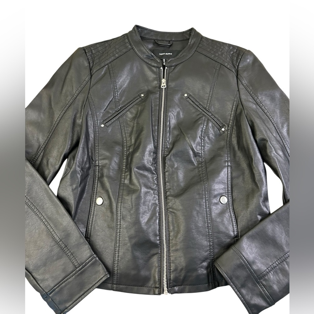 VERO MODA Faux Leather Moto‎ Biker Jacket Black Women Sz Lg